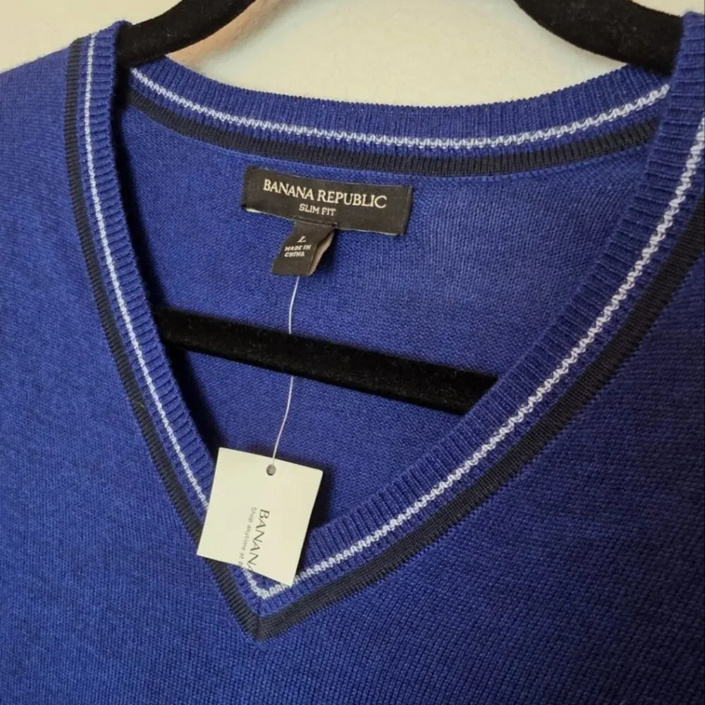 🚨NEW BANANA REPUBLIC Blue Merino Wool Blend Slim Fit V Neck Sweater Size Large